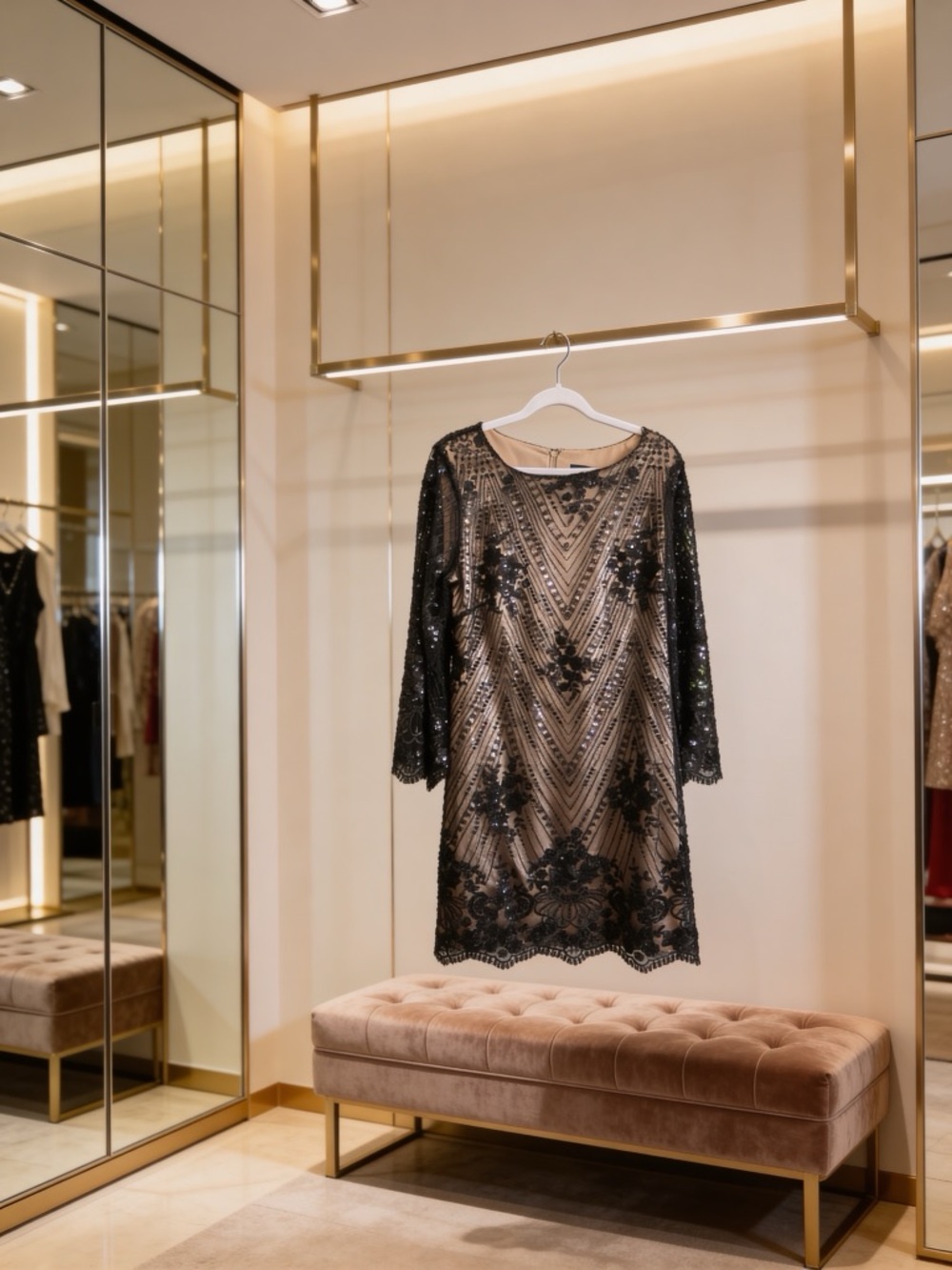 Beaded Black Lace Cocktail Dress on Nude Underlay